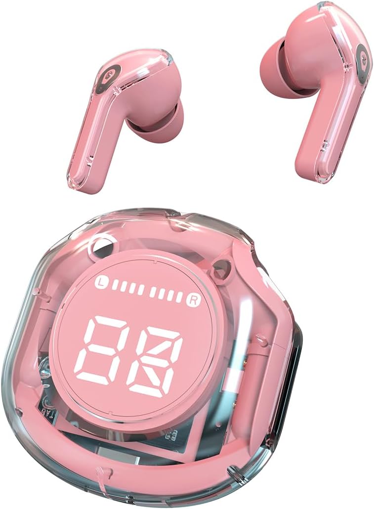 Crystal Earbuds (Pastel Pink) - Dive into a World of Color and Sound with Chic Pastel Hues & Transparent LED Display Case - Premium Wireless Audio Experience