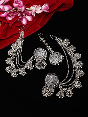 Shining Diva Fashion Latest Stylish Oxidised Maang Tikka Bahubali Jhumka Earrings for Women and Girls (12395er) - Image 4