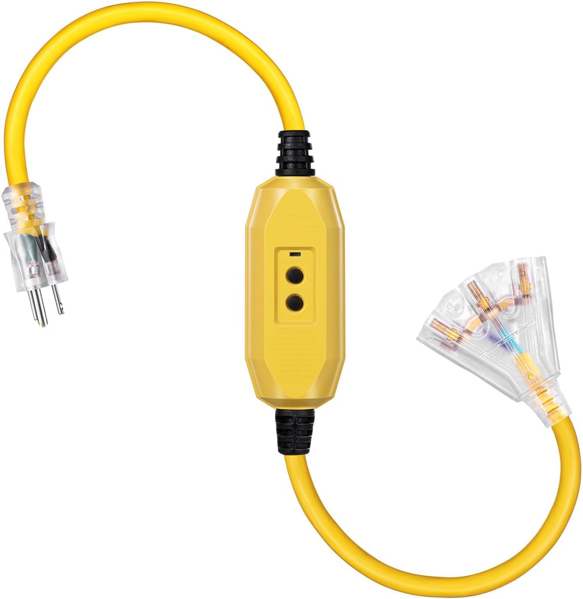 3 FT Auto GFCI Extension Cord Outdoor with 3 Prong Plugs, 12/3 SJTW Heavy Duty Power Cable with Multiple Outlets, 3 Outlets with Indicator Light, UL Listed, Yellow