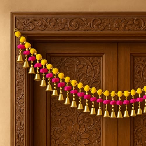 Image of Handmade Pom Pom Bandhanwar for Main Door - Traditional Toran Bandarwal for Door, Temple & New Home - Decorative Door Hanging with Bells - Bandanwar for Diwali, Pooja Room, Mandir (39 Inch)