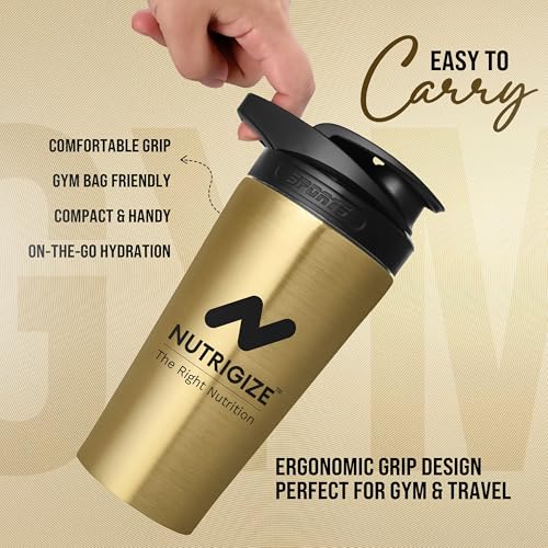 Image of Stainless steel shaker 700ml protein shaker bottle - leak proof 304 SS food grade steel, gym shaker, shaker bottles for protein, steel shaker for gym (Golden)