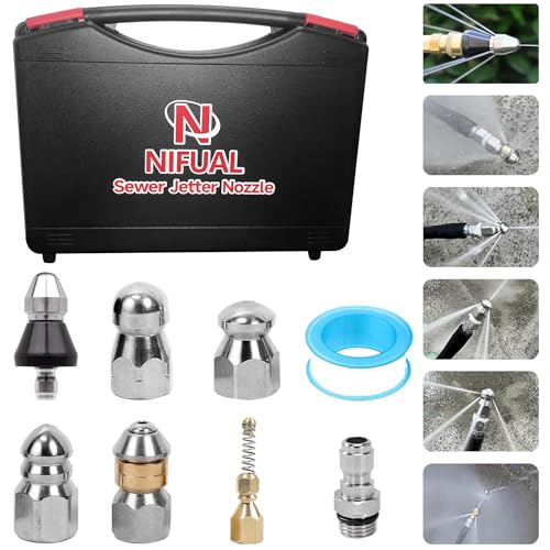 8PCS Sewer Jetter Nozzle Kit with Box, Stainless Steel Rotating Nose Sewer Jetting Nozzle for Pressure Washer,Pressure Drain Jetter Hose Nozzle with 1/4 Inch Pressure Washer Quick Connector,5000 PSI