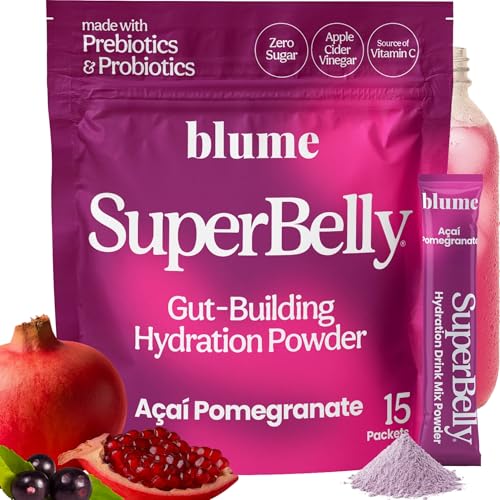 Blume SuperBelly Gut Health + Hydration, Daily Sugar Free Probiotics, Prebiotic Fiber, and Electrolytes Powder Packets for Digestion Support, Stacked Water - Açai Pomegranate, 15 Sticks