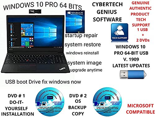 WINDOWS 10 PRO LATEST VERSION 1909 64-BIT USB + 2 FREE DVDs 1 DO-IT-YOURSELF INSTALL/REINSTALL VIDEO & 1 BACKUP COPY. UPGRADE RECOVERY FIX RESTORE REPAIR BOOT LIVE TECH SUPPORT COMPATIBLE TO MICROSOFT