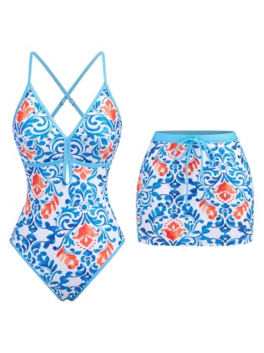 Image of ZAFUL Women's One Piece Swimsuit with Skirt V Neck Colorblock Bathing Suit | Front Cut Out Swimsuit Criss Cross One Piece Bathing Suit