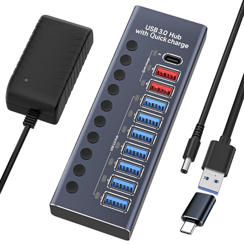 WLXKJY Hub USB Active 3.0, Alimentation 72 W (24 V3 A), Hub USB 10 en 1 (7 Ports de Transfert de données USB 3.0 et Chargeur Rapide 3 Ports)