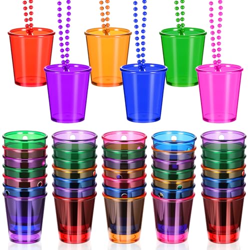 36 Pack Shot Glass Necklaces Bulk Plastic Shot Glass on Beaded Necklace Colorful Shots Necklace Cups Bulk for Bachelorette Carnival Party Birthday Wedding Supply Festival Party Favor