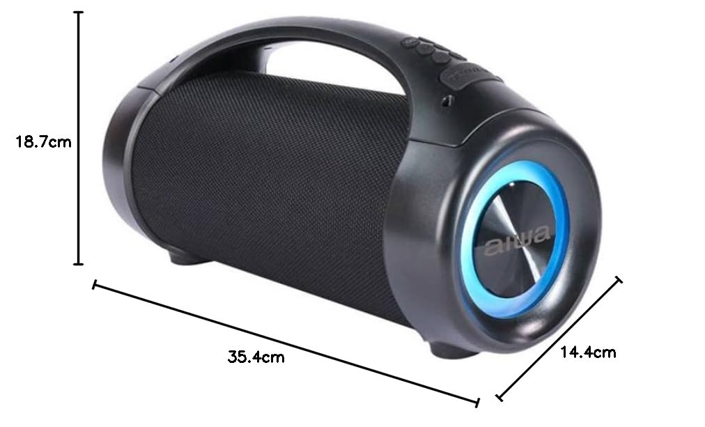 Two Aiwa AWS600BT speaker boxes, one showing the speaker from the front and the other from the side, with the model number and barcode.