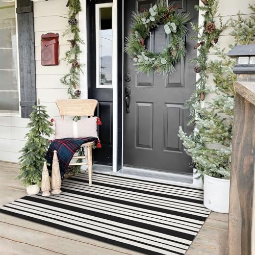 Image of KOZYFLY Black and White Striped Outdoor Rug 3x5 Ft Area Rug Washable Front Porch Rug Front Door Mat Cotton Outdoor Doormats Carpet for Front Door Kitchen Entryway Patio Living Room