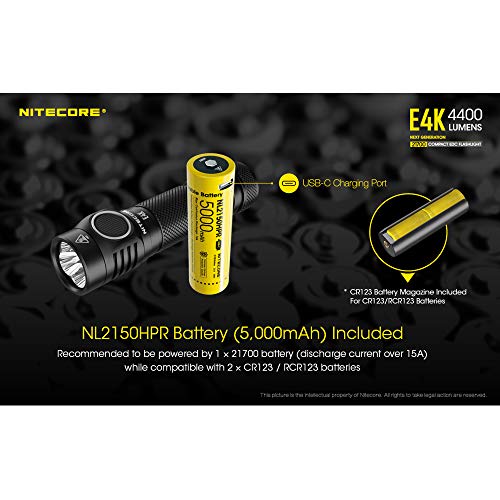NITECORE E4K 4400 Lumen EDC Flashlight with 5000mAh USB-C Rechargeable Battery and LumenTac Battery Case