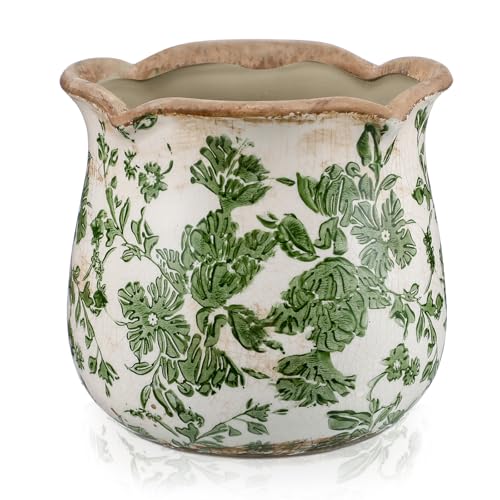 Newtay 6 Inch Ceramic Planter Green Scroll Planter Decorative Plant Pots with Crackle Glaze for Home Garden Kitchen