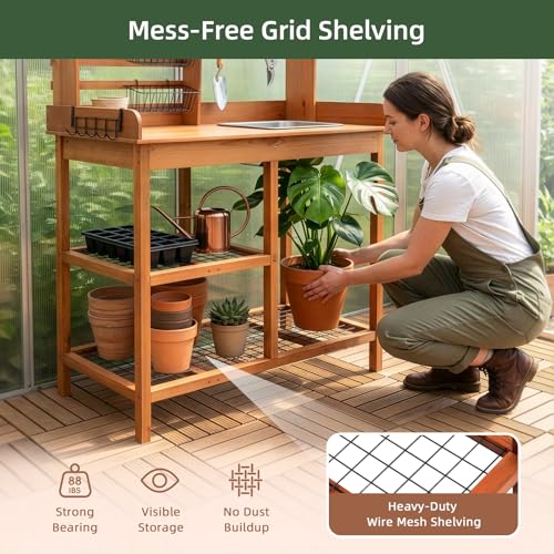 OOOK Pflanztisch Outdoor Wetterfest, Pflanztische mit Waschbecken aus Nordischer Schottkiefer, Blumentisch Gärtnertisch mit Haken, Garten Arbeitstisch für Garten Balkon Terrasse