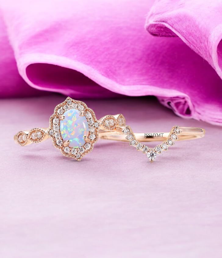 Vintage Opal Engagement Ring for Women with Moissanite Side Stones – Oval Gemstone 925 Sterling Silver Art Deco Wedding Ring, Set of 2 Pcs