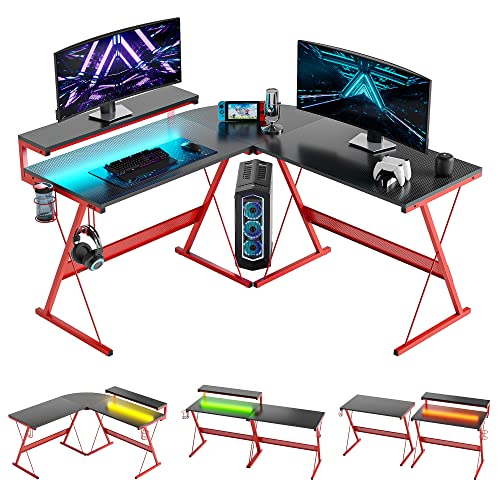 Bestier Escritorio de computadora en forma de L, oficina en casa con soporte para tazas y gancho para auriculares, estación de trabajo para juegos con luces LED RGB de almacenamiento, color rojo Cover