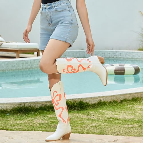 Cowgirl Boots - Womens Cowboy Boots with Colorful Bows Embroidered Western White Knee-High Boots Fashion Pull On Almond Toe Chunky Heel Country Tall Boots4