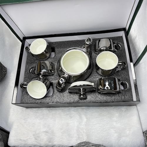 Image of DMRD MART-Porcelain Tea Set with Kettle |Tea Cup Set of 6 | Aesthetic and Classic Cups Set | Premium Crockery for Home & Gifting with Golden Color Geometric Pattern Design