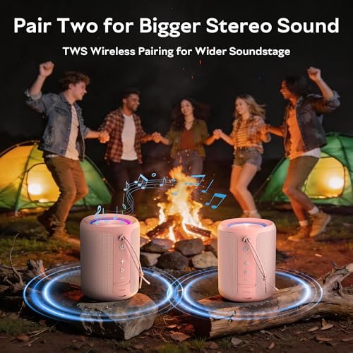 Image of Portable Bluetooth Speaker, IPX7 Waterproof Wireless Speaker with 20W Loud Stereo Sound, 15H Playtime & Beat-Synced RGB Light, Small Outdoor Speaker for Shower, Pool, Beach,Hiking,Gifts(Pink)