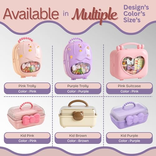 Image of KiZY Girl Kid Hair Accessories Storage Box | Hair Ties-Clips, Bow-Ribbon-Headband, Jewelry Organizer | Portable Case | Available in Multiple Design-Color. (Pack of - 2, Pink Suitcase)