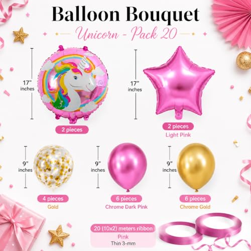 Image of AMFIN (Pack of 20) 17 Inch Unicorn Theme Birthday Balloon Bouquet Pink Multi Chrome Metallic Finish Foil Latex Confetti Women Girls Decoration Item Kit Head Rainbow