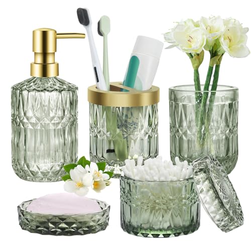 Set di 5 Accessori da Bagno in Verde, Dispenser di Sapone Verde Trasparente, set di Accessori da Bagno di Lusso con Dispenser per Lozioni, Portaspazzolino, Portasapone, Bicchiere, Regalo Vintage