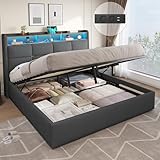 DICTAC Polsterbett 180x200 mit Bettkasten, LED Beleuchtung und Ladestation Doppelbett 180x200cm mit Hydraulisch Stauraum und Kopfteil,Leinen Bettgestell 180x200 mit Lattenrost-ohne Matratze,Dunkelgrau