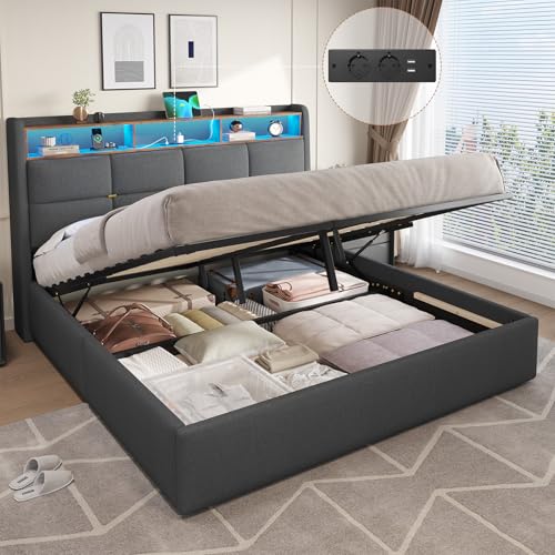 DICTAC Polsterbett 180x200 mit Bettkasten, LED Beleuchtung und Ladestation Doppelbett 180x200cm mit Hydraulisch Stauraum und Kopfteil,Leinen Bettgestell 180x200 mit Lattenrost-ohne Matratze,Dunkelgrau DICTAC Polsterbett 180x200 mit Bettkasten, LED Beleuchtung und Ladestation Doppelbett 180x200cm mit Hydraulisch Stauraum und Kopfteil,Leinen Bettgestell 180x200 mit Lattenrost-ohne Matratze,Dunkelgrau