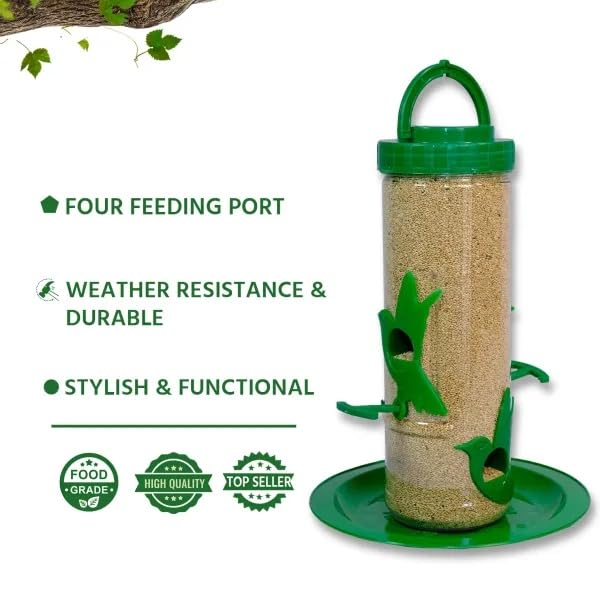 Image of Amijivdaya Medium Hanging Bird Feeder for Garden Balcony | 4 Feeding Ports | 700g Seed Capacity | Food-Grade Plastic | Easy Refill & Weatherproof (Green, Pack of 2)