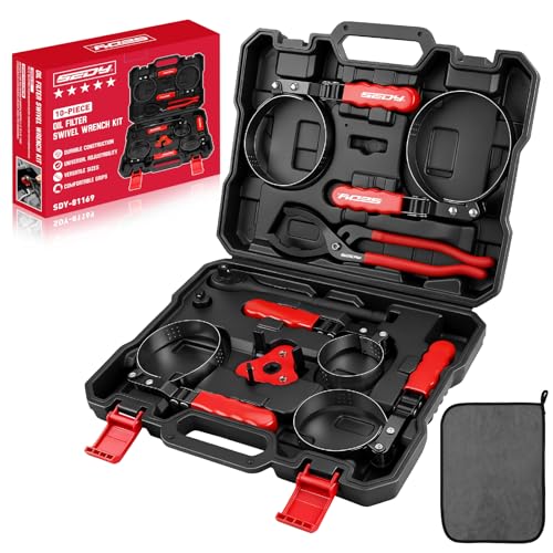 10-Piece Oil Filter Wrench Set 2-3/8"to 4-3/4", 12-Inch Adjustable Oil Filter Plier, Universal 3-Jaw Oil Filter Wrench, 1/2"Quick Release Ratchet Handle, 1/2"-3/8" Adapter, Towel in Storage Case - Best oil filter wrench set
