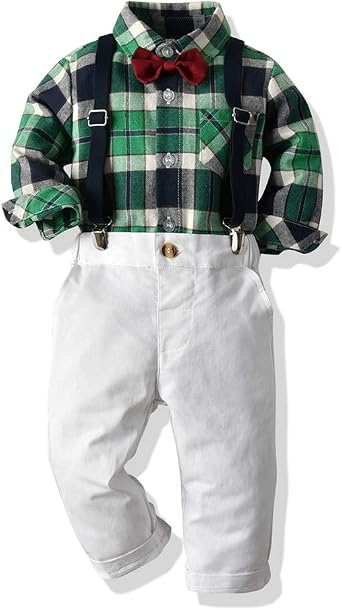 Baby Kids Boys Gentleman Outfits Long Sleeve Plaid Shirt+Suspender Pants+Bow Tie Toddler 4Pcs Sets