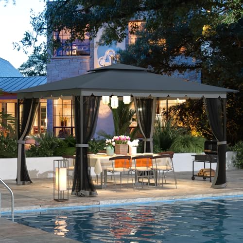 [Upgraded] 10x12 Gazebo with Mosquito Netting,Sturdy Metal Outdoor Patio Gazebo[Heavy Duty Frame],Canopy Tent with Dual Air Roof,Patio Canopy Tent,Waterproof/Wind Resistant for Deck Poolside Garden