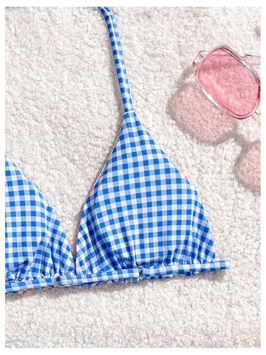 Image of RoseSeek Girl's 2 Piece Swimsuits Floral Gingham Halter Triangle Wireless Bikini Bathing Suit