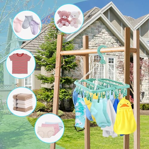 LWMTT Sockentrockner Wäscheständer,Wäschetrockner Kleiderbügel mit 32 Clips und Tropf Faltbare Wäsche Hänger Rack für Socken Babykleidung Unterwäsche Handtücher (Grün)