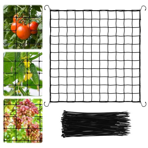 HGRGHH Red de Enrejado Elástico 120 x 120 cm, Scrog Red para Plantas con 4 Ganchos y 100 Bridas de Nailon, Malla Elástica para Plantas Trepadoras, Plantas, Verduras, Frutas y Flores