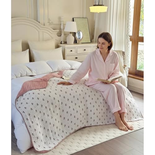 Image of Muslin Throw Blanket 100% Cotton 6-Layer Gauze Red Floral Pattern Cooling Blanket Lightweight Soft Breathable Quilt for All Season Both Sides for Sofa Couch (Floral Red, Throw 50 inchx60 inch)