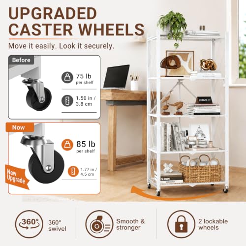 Image of black leopard 5-Tier Foldable Metal Storage Shelf with Wheels, White | Foldable Design; 85 lb Capacity per Shelf; Preassembled Frame; Lockable Casters; Reinforced Metal Construction