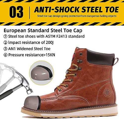Image of ANGRYRAM Steel Toe Work Boots for Men Comfortable Moc Toe Safety Boots,Waterproof Slip Puncture Resistant Industrial & Construction Work Boots