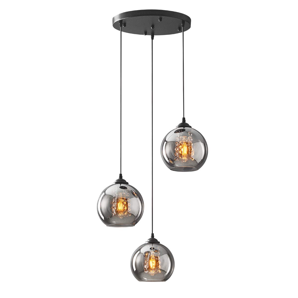 H.W.S LáMpara Colgante De Cristal DiseñO Bola Moderna Creativa DecoracióN Interior Ajustable En Altura Luminaria Sala Estar (Smoky gray, 3 flamming round)