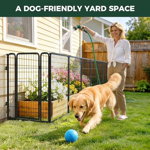 Image of FXW Garden Fence Outdoor for the Yard - 40in(H) x 18.2ft(L) Heavy Duty Metal Animal Barrier for Dog, No Dig Decorative Dog Fence with Fence-to-Wall Anchor (Pack of 4), 8 Panels, Black