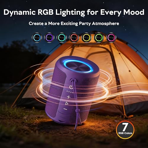 Image of Portable Bluetooth Speaker, IPX7 Waterproof Wireless Speaker with 20W Loud Stereo Sound, 15H Playtime & Beat-Synced RGB Light, Small Outdoor Speaker for Shower,Pool,Beach,Hiking,Gifts(Purple)