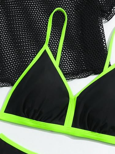 WDIRARA Girl's 3 Pieces Color Block Contrast Trim Bikini Set Swimsuit with Mesh Cover Up Top3