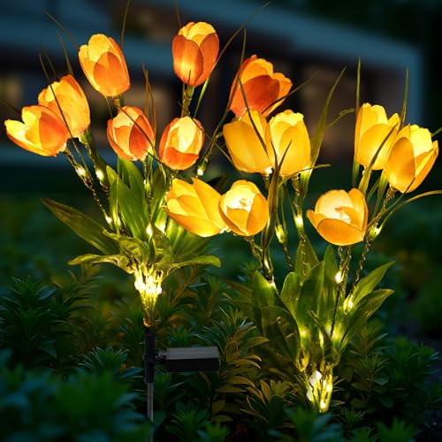 Joyoldelf Solar Lights Outdoor Garden - Decorative Solar Garden Lights with 14 Tulip Flowers, Waterproof Gardens Ornaments Outdoor for Patio, Yard, Fence, Lawn, 2 Pack