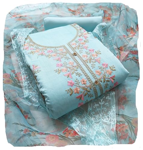 Image of Rubani Women's Heavy Chanderi Cotton Embroidery Work Unstitched Salwar Suit Dress Material With Organza Printed Dupatta(Free Size)