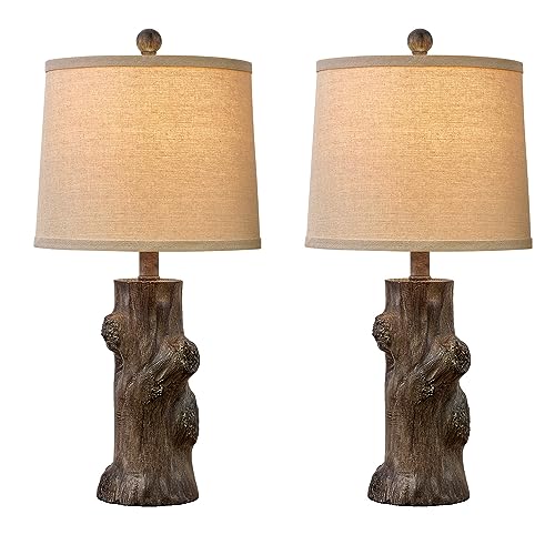 Oyears 23"Resin Table Lamps For Living Room Set Of 2 Country Cottage Farmhouse Lamp For Bedroom Tree Trunk Wood Grain With Oatmeal Fabric Round Shade Vintage Rustic Traditional Nightstand Bedside Lamp thumb #5
