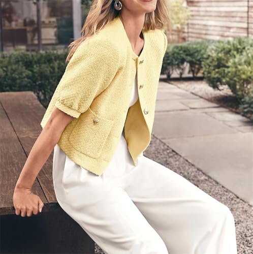 Women's Cropped Crew Neck Casual Tweed Blazer Elegant Work Office Puff Short Sleeve Jacket with Pockets4