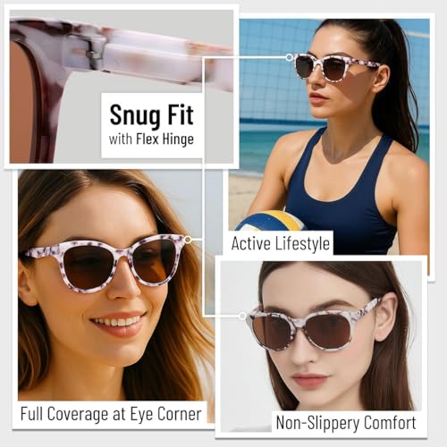 Polarized Sunglasses for Women, White Marble Print Frame and Brown Lenses, UV400 Protection, Trendy Vintage Design for Travel2