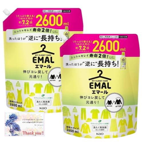 EMAL エマール 洗濯用洗剤 液体 KAO 花王 おしゃれ着用 リフレッシュグリーン 詰め替え 大容量 2600ml 2袋 セット 2つ お得 オリジナルカードセット