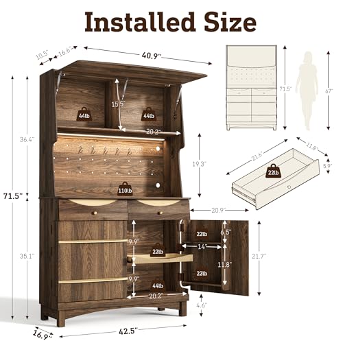 Image of STO'SENSE 72'' Kitchen Pantry Cabinet w /Power Outlets, Tall Storage Cabinet w /LED Light, FILP-up Door & Pegboard, Freestanding Kitchen Hutch w /Drawers, Solid Wood Handles (Walnut)