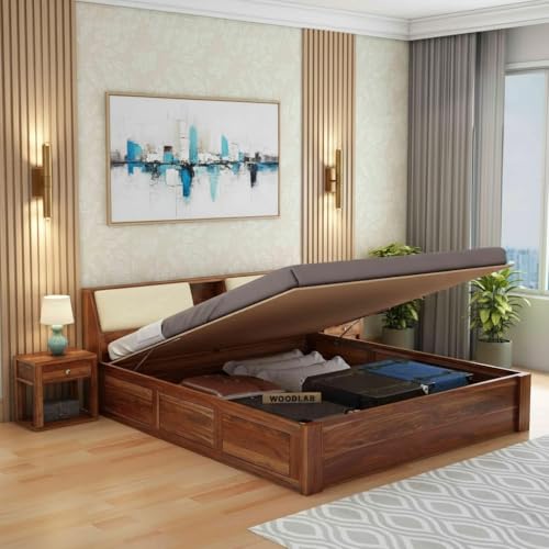 WOODLAB Furniture Sheesham Wood Queen Size Bed with Hydraulic Storage for Bedroom Home Solid Wood Double Beds Living Room Hotles - (Honey Finish)