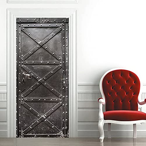 A.Monamour Pegatinas Decorativas de Puerta Autoadhesivo 3D Puerta De Hierro Viejo Negro Reforzado con Correas De Acero Y Remaches Vinilo para Puertas Mural PVC Pegatinas de Pared Foto Poster Cover