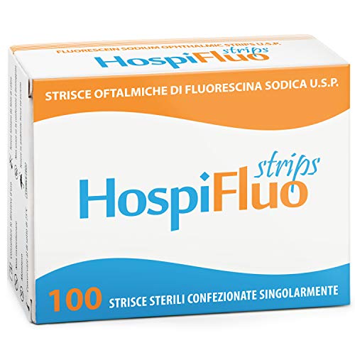 AIESI� Fluoresce�na S�dica tiras oft�lmicas est�riles para prueba de tono ocular HOSPIFLUO STRIPS (Paquete de 100 piezas)